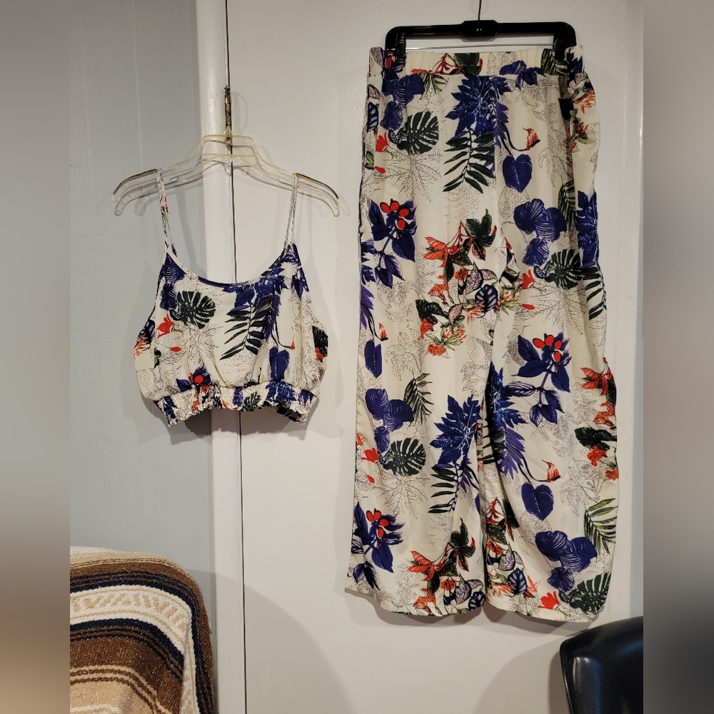 SHEIN Cream Floral Jumpsuit with Blue and Red Accents